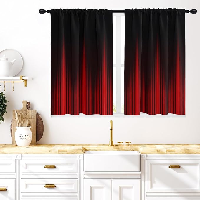 Coxila Red and Black Kitchen Window Curtains 27.5 x 39 Inch Small Short Mini Cafe Rod Pocket Ombre Gothic Goth Dark Anime Cool Living Bedroom Room Home Treatment Set of 2 Curtain Panels Drapes Tiers