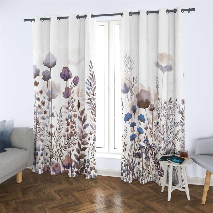 Renaiss Wild Flowers Blackout Curtains, Pastel Botanical Floral Print Thermal Insulated Bedroom Window Curtains, Nature Plants Window Curtains for Kitchen, 45" L x 29" W 2 Panel Set