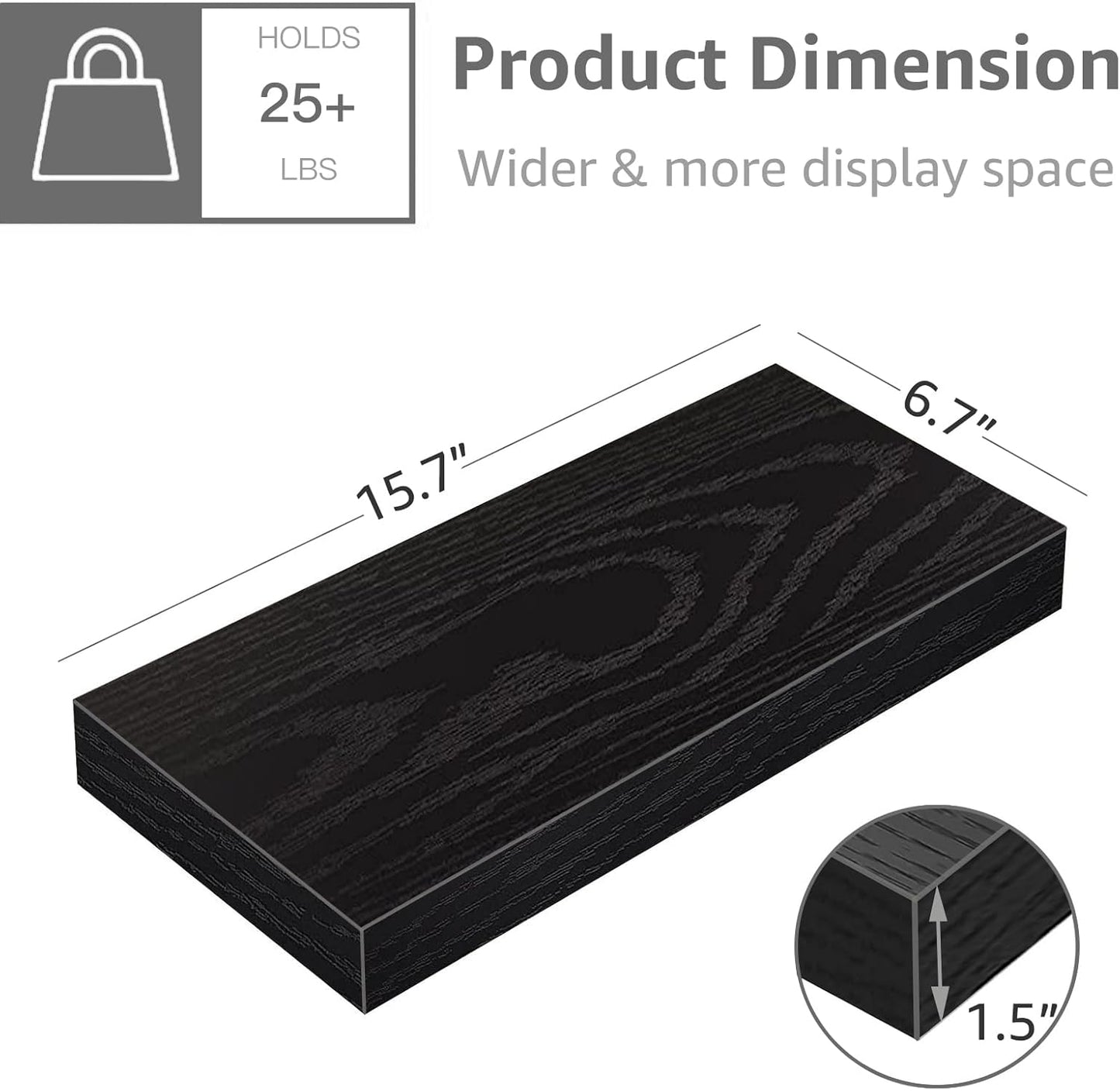 QEEIG Floating Shelf for Wall Bathroom Shelves Bedroom Kitchen Living Room Farmhouse Small Book Shelf 16 inch Set of 1, Black (015-B1)