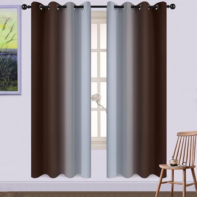 Yakamok Ombre Curtains Brown and Greyish White for Living Room,52Wx72L | Room Darkening Curtains 72,Thermal Insulated Gradient Color Drape,Light Blocking Grommet Window Curtains for Bedroom,2 Panels