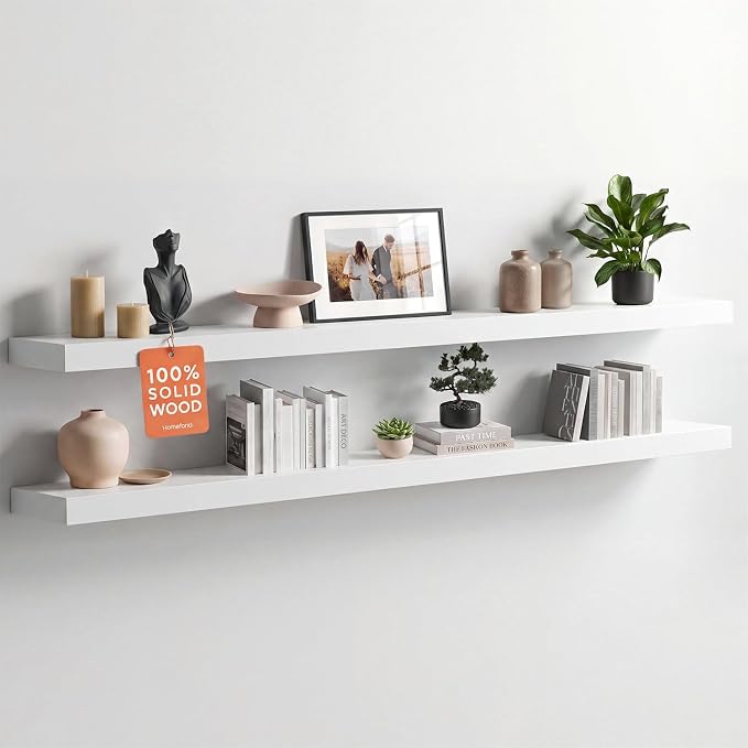 Homeforia Floating White Shelf 60 inches, High End Solid Real Wood 60inch Long Floating Shelves for Wall Mounted, White Wooden 60in Floating Shelves, Heavy Duty Bracket, 60 X 6.5 X 1.75 inch, Set of 3