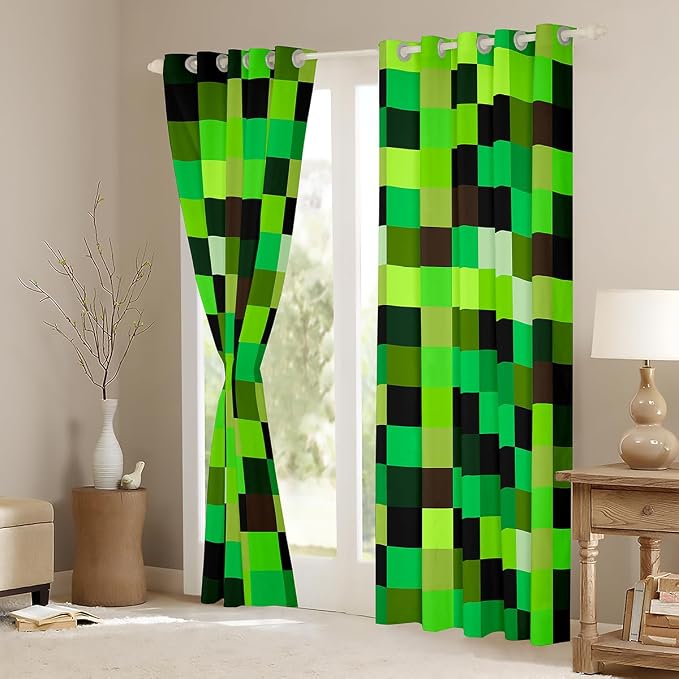 Castle Fairy Green Pixelated Grid Window Curtain,Miners Build Games Blackout Window Treatment,Kids Girls Teens Gradient Square Block Bedroom Curtains Soft Cozy Living Room Decor Top 2 Panels,38Wx54L