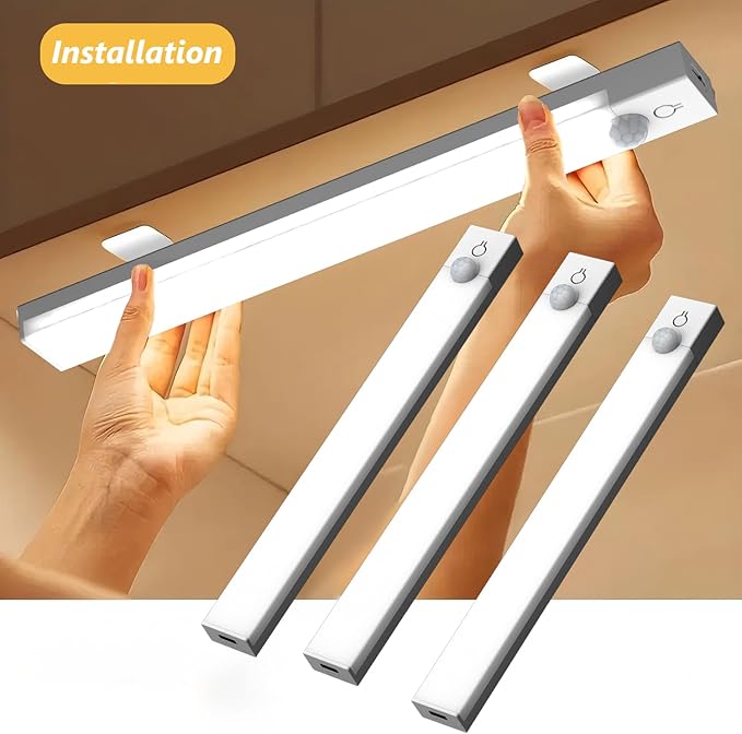 Under Cabinet Lights 8 Inch 3-Pack, Rechargeable Battery Operated Motion Sensor Light Indoor, Dimmable Closet Lights, Wireless Under Counter Lights for Kitchen, Stairs
