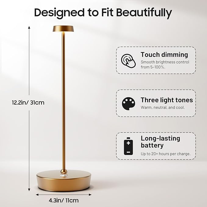 Cordless LED Table Lamp，Rechargeable Battery Desk Lamps, 3 Color Stepless Dimmable Metal Battery Table Lamps, Portable Table Light for Indoor/Outdoor/Restaurants/Bedroom/Bar