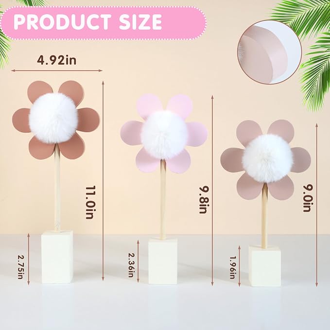3 Pack Daisy Nursery Shelf Decor, Wooden Spring Flower with Pompom Pistil Boho Baby Girl Nursery Room Decoration Bohemian Cute Wall Art for Bedroom Kindergarten Classroom Playroom Bookshelf Gift