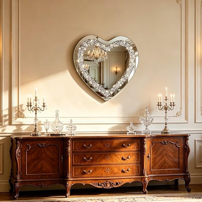 DMDFIRST Crystal Crush Diamond Heart Shaped Silver Mirror for Wall Decoration 20x20x1 inch Wall Hang Frameless Mirror Acrylic Diamond Décor.