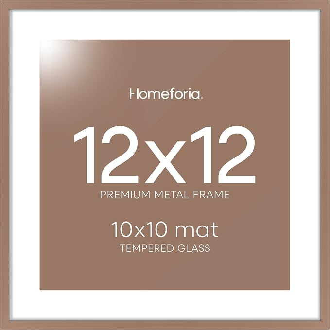 Homeforia Mocha 12x12 Picture Frames, High End Metal 12 x 12 Square Poster Frame with Mat 10 x 10 Photo, 12x12 Mocha Frame Matted to 10x10 Print, 12by12 Thin Frames, Tempered Glass, Wall Kit, Set of 2