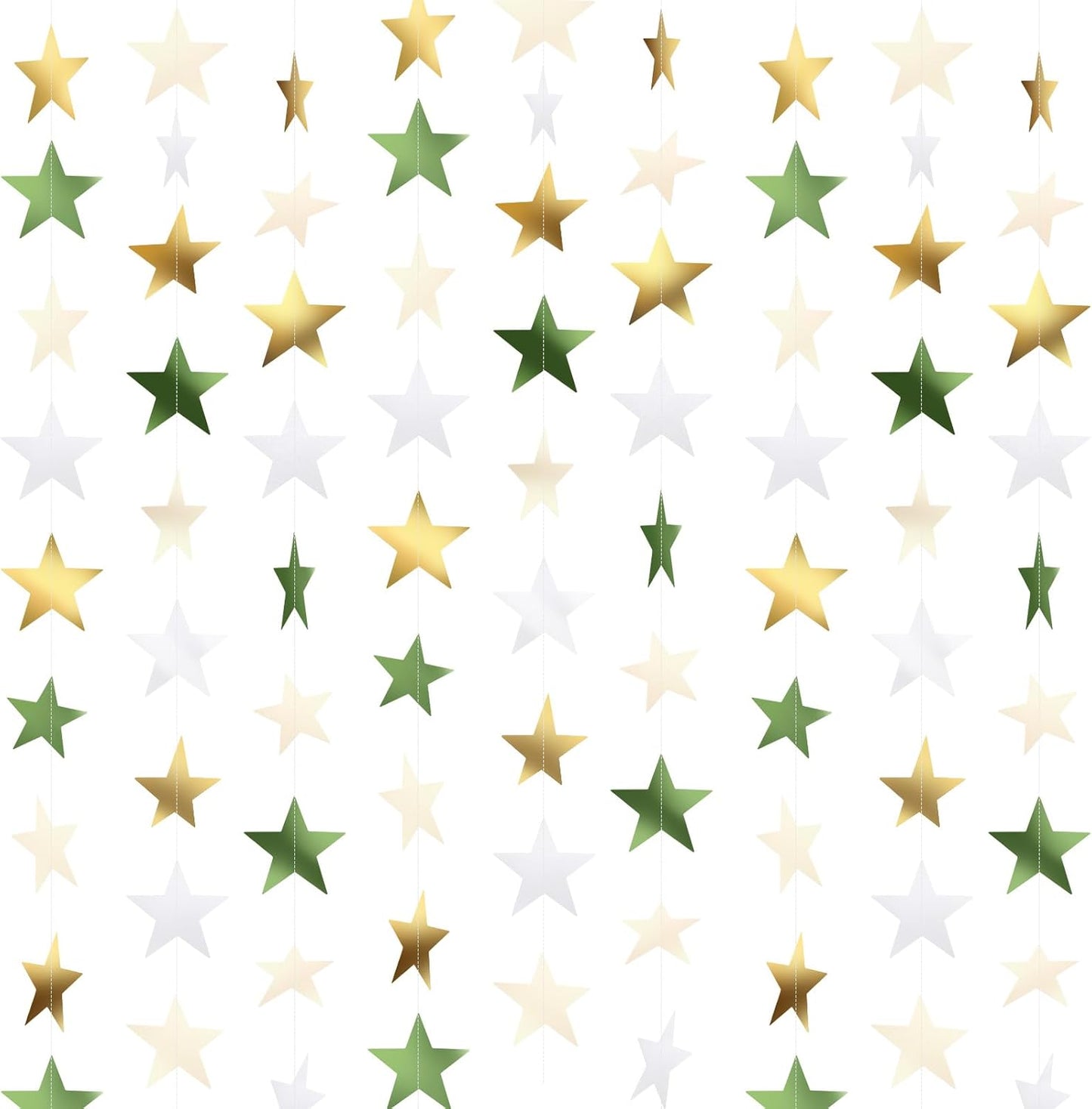 Patelai Glitter Star Garland Banner Decor 130 Feet Star Hanging Bunting Banner Twinkle Backdrop for Homecoming Classroom Wedding Birthday Halloween Christmas Party Supplies(Sage Green, Gold, White)