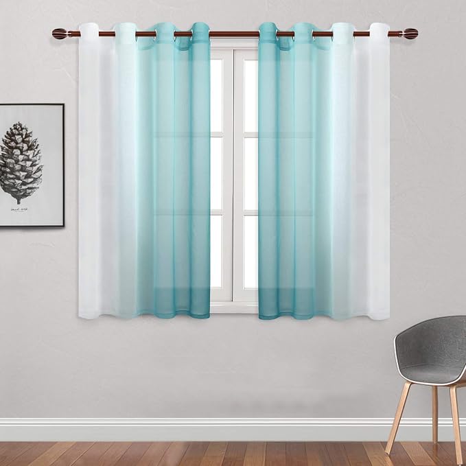 DWCN Faux Linen Ombre Sheer Curtains - Semi Voile Gradient Sheer Curtains Bedroom and Living Room Drapes, Set of 2 Grommet Top Window Curtain Panels, 52 x 54 Inch Length, Teal