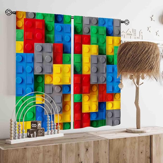 Building Blocks Blackout Curtains, Kids Boys Abstract Colorful Geometric Brick Constructor Curtains Bedroom Playroom Living Room Abstract Window Treatments Drapery 2 Panel, 55"x63" Inch