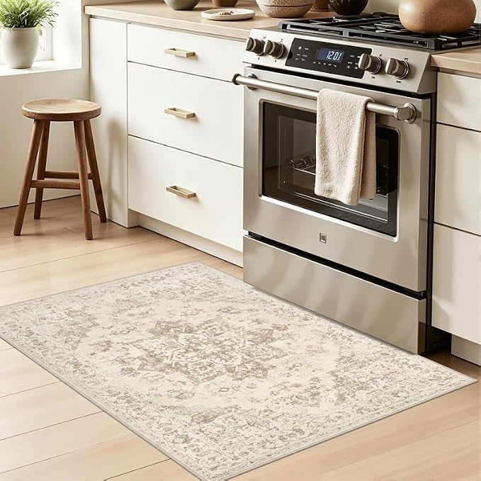 Machine Washable Area Rugs 2x3: Vintage Boho Neutral Washable Rug Indoor Soft Small Entryway Throw Carpet for Living Room Bedroom Kitchen Laundry Floor Non-Slip Low Pile Entrance Rug Beige/Ivory