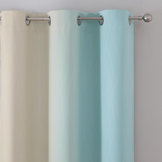 Estelar Textiler Aqua and Beige Room Darkening Blackout Curtains 84 Inch Length 2 Panels Set for Living Room, Thermal Insulated Ombre Light Blocking Grommet Blackout Drapes for Bedroom, 42Wx84L