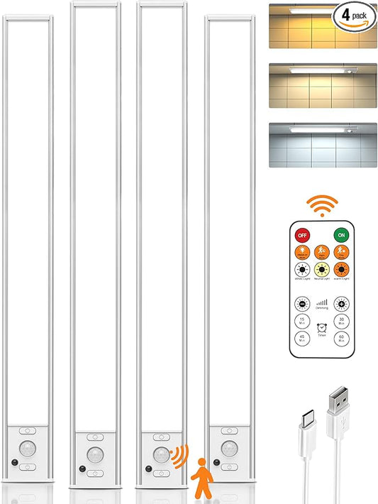 16 Inch Under Cabinet Lights, LED Motion Sensor Light Indoor, 4000mAh Rechargeable Closet Light with Remote, 3 Color Temps, Magnetic, Wireless Under Counter Lights for Kitchen, Stairs, Hallway, 4 Pack