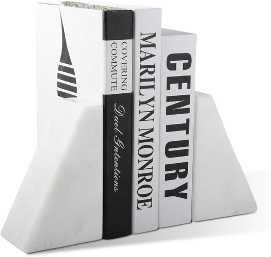 Marble Book Ends Decorative, Unique Bookends for Shelves, White Stone Bookends Holds Heavy Books, Weighted Book Holder Stopper for Home Office Desk Bookshelf Decoration, Set of 2