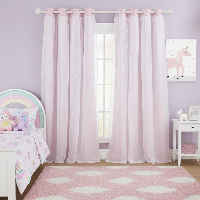 NICETOWN Kids Girls Bedroom Pink Curtains, Star Cutout Blackout with White Sheer Pastel Nursery Window Curtain Panels for Thanksgiving (Lavender Pink, 2Pcs, W52 x L84)