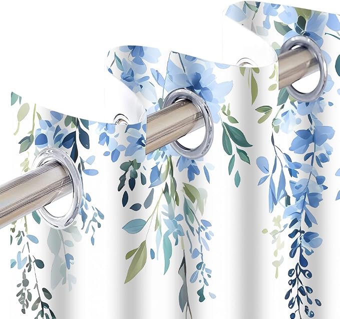 Blue Watercolor Floral Curtains, 42x63 inch, 2 Panels | Botanical Leaves Vine Flowers, Rustic Farmhouse Style, Blackout Window Treatment, For Bedroom Living Room
