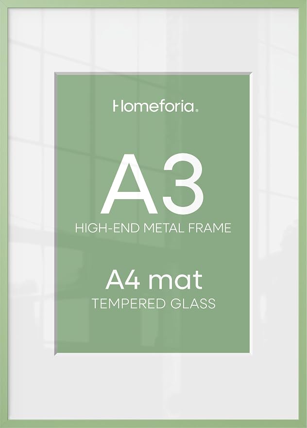Homeforia A3 Picture Frame Sage Green, High End Metal 11.7 x 16.5 inch Poster Frames with Mat 8.3 by 11.7 for Photo, A3 Size Frame Matted to A4 Print, 11.7x16.5 Hanging Frame, Tempered Glass, Set of 1