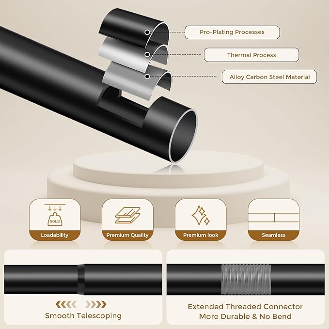 Heavy Duty Curtain Rod 34 to 186 Inch, Black 1 Inch Adjustable Extra Long Curtain Rods for Windows, Decorative Window Treatment Rods with Modern Solid Aluminum Finials, Easy Installation