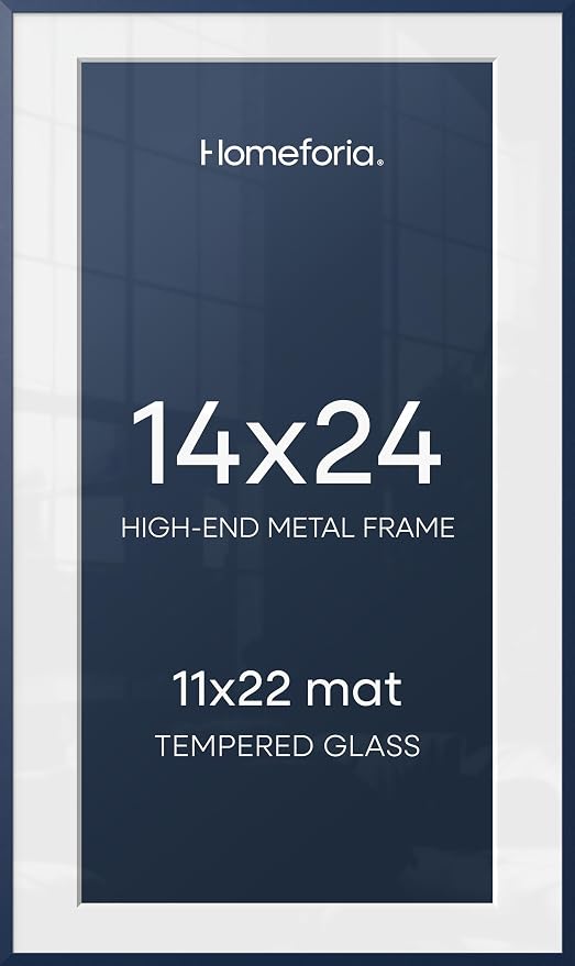 Homeforia 14x24 Picture Frame Navy Blue, High End Metal 14x24 Poster Frames with Mat 11x22 Photo, 14 x 24 Navy Blue Frame Matted to 11 by 22 Print, 24x14 Thin Frame, Tempered Glass, Wall Kit, Set of 2