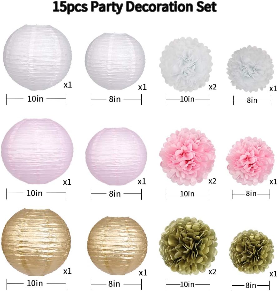 Pink Gold Party Decorations, Pink Gold Paper Lanterns and Pom Poms Flowers for Birthday Party Baby Showers Engagement Tea Party Decor 15PCS