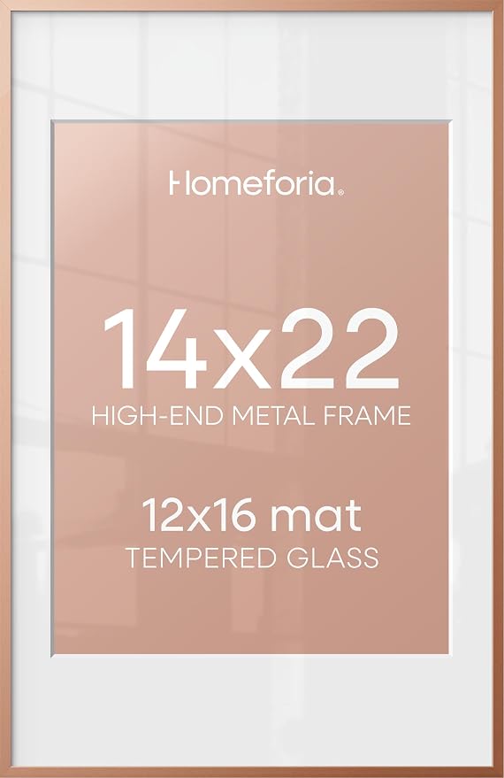 Homeforia 14x22 Picture Frame Rose Gold, High End Metal 14x22 Poster Frames with Mat 12x16 inch Photo, 14 x 22 Rose Gold Frame Matted to 12 by 16 Print, 22x14 Frame, Tempered Glass, Wall Kit, Set of 1