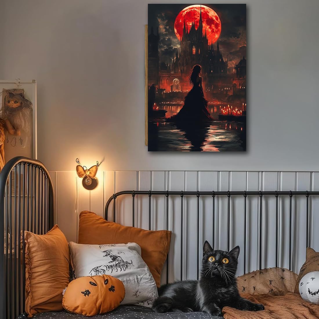 Halloween Witch Poster Canvas Prints Art Vintage Decor,Red Castle Blood Moon and Witch Scene Gothic Painting,Rustic Dark Academia Wall Art for Bathroom Spooky Living Room Wall Decor,20"x30" Framed