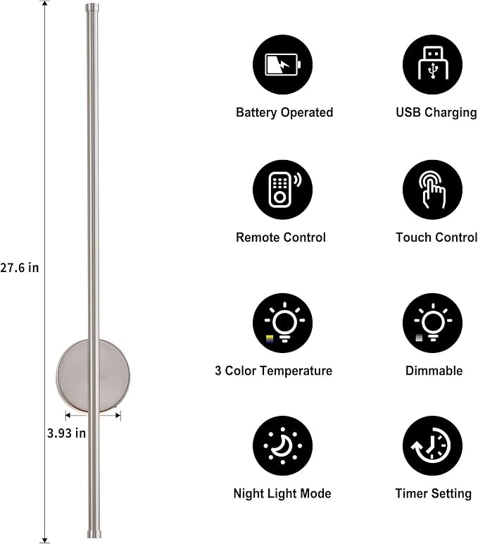 Battery Operated Modern Wall Sconces, Dimmable Wireless Wall Light Set of Two with Remote Control, 3 Color Temperatures, Rechargeable LED Wall Sconce for Bedroom, Living Room,Hallway, 27.6 Inch Nickel