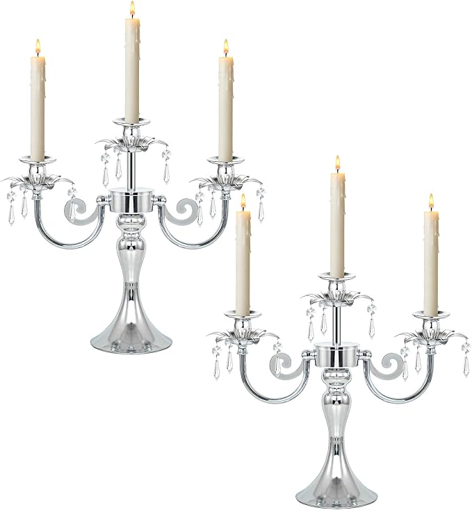 Metal 3 Arm Candelabra with Crystal Pendants - 11.8 Inch Tall Candle Holders, Set of 2 - Elegant Taper Candlestick Stand for Wedding, Dining Table, Christmas Party Home Decoration (2, Silver)