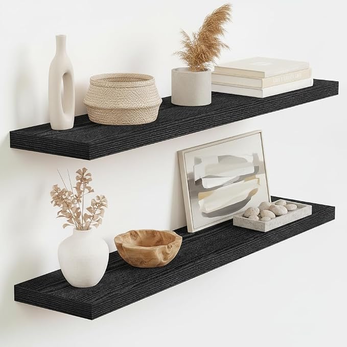 Vivelove 36 Inch Floating Shelves, Deep Wall Shelves with Invisible Brackets, Display Shlf for Bathroom Living Room Kitchen Bedroom Office Farmhouse Home Decor, 36" X 9.3" X 1.5" - Set of 2, Black