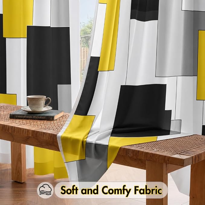 Yellow and Black Curtains for Living Room 84 Length Geometry Curtains Modern Yellow Grey Abstract Rod Pocket Curtain for Bedroom Kitchen Room Window Drapes 2 Panels