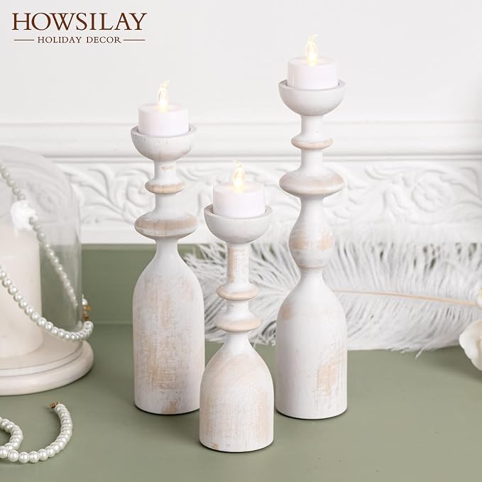 HOWSILAY Wood Farmhouse Candle Holders, Set of 3 Candlestick Holder, White | Solid Handcrafted Wood, 3 Assorted Heights, Fits Taper/LED Tea Light/Pillar Candles, Rustic & Modern Home Decor, Gift Box