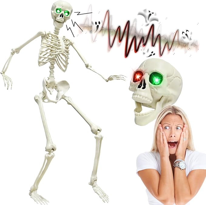 5.4FT Full Size Halloween Skeleton, Life Size Posable Skeleton with Glowing Eyes Scary Sound, Plastic Skeleton with Movable Joints for Halloween Decoration
