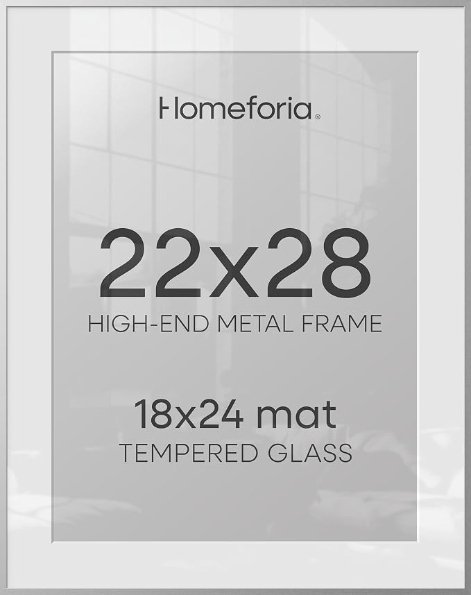 Homeforia Silver Picture Frame 22x28, High End Metal 22 x 28 Large Poster Frame with Mat 18 x 24 Photo, 22x28 Silver Frames Matted to 18x24 Print, 28x22 Thin Frames, Tempered Glass, Wall Kit, Set of 2