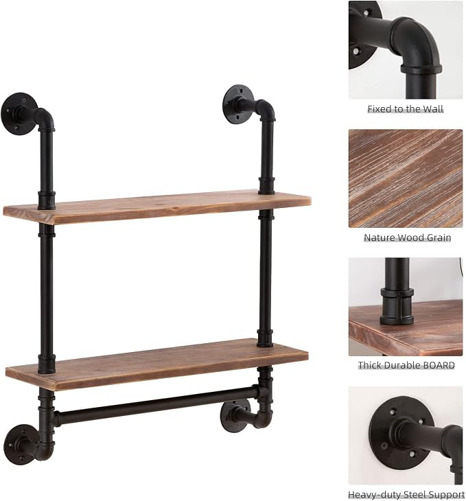 ROGMARS Industrial Pipe Shelving Bathroom Shelves with Towel bar | 30 inch Rustic Floating Shelves Pipe Wall Shelf with Hooks for Living room,Kitchen,Bedroom,Coffee Bar 2 Tier
