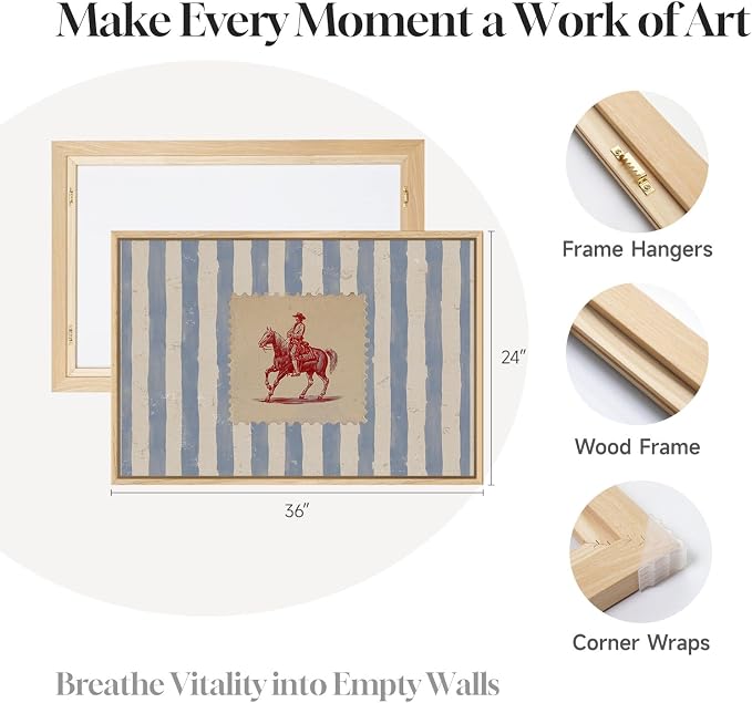 Large Framed Western Cowboy Wall Art for Living Room, Vintage Farmhouse Horse Canvas Prints Paintings, Blue Striped Country Picture Artwork Decor for Bedroom Entryway 36x24 Inch
