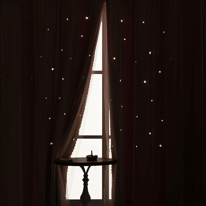 Light Pink Curtains for Girls Room Blackout 63 Inches Long Cute Star Cutout | Nursery Double Layer Curtains & Drapes Tulle Lace 2 Panel Thermal Insulate Bedroom Darkening Window Treatments Cortinas Blush