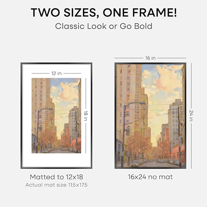 Homeforia 16 x 24 Picture Frame Black, High End Metal 24x16 Poster Frame, 16 x 24 Black Frames Matted to 12 by 18 inch Print, 24by16 Thin Frame with Mat 12x18 Photo, Tempered Glass, Wall Kit, Set of 2