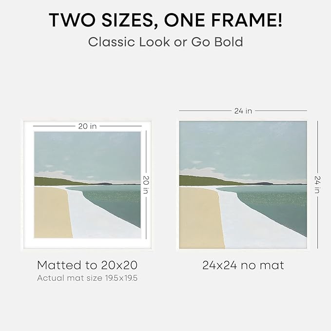 Homeforia 24x24 White Picture Frame, High End Oak 24 x 24 Square Wood Frames with Mat 20 by 20 inches Photo, 24by24 White Wooden Poster Frames Matted to 20x20 Print, Tempered Glass, Wall Kit, Set of 2
