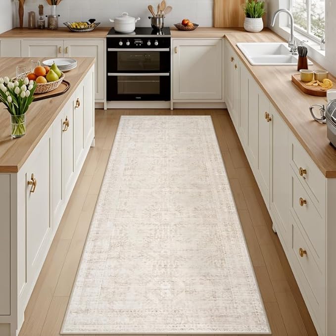 2'6''x8' Hallway Washable Runner Rug: Vintage Boho Neutral Kitchen Rug Soft Small Area Rug Indoor Floor Non-Slip Low Pile Carpet for Farmhouse Entryway Laundry Bathroom Bedroom Beside Rugs Beige