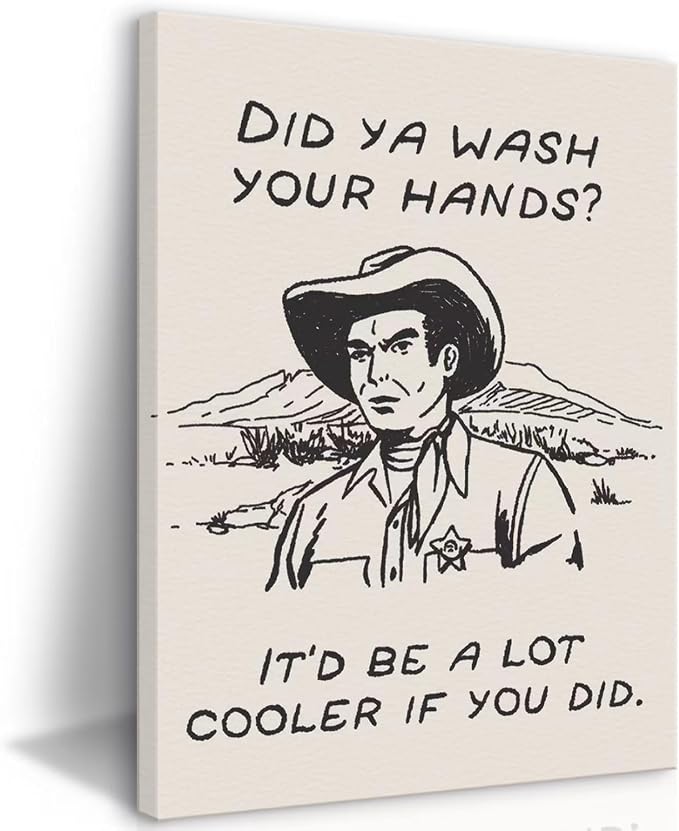 Framed Retro Black and White Cowboy Kitchen Wall Art Did You Wash Your Hands Canvas Prints Cute Bathroom Humor Pictures Trendy Decor Posters Paintings Western Home Wall Decor (16x24in Framed)