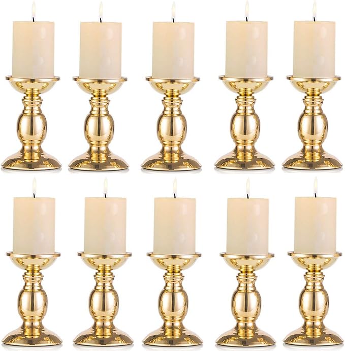 Nuptio Pillar Candle Holders, Wedding Centerpieces Metal Candle Holder Candles Stand Decoration Ideal for Weddings Special Events Parties Living Room (10 x S, Gold)