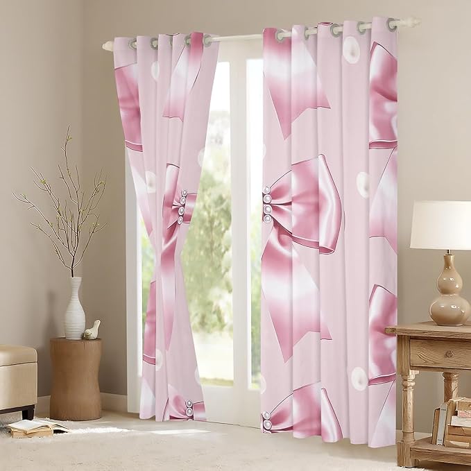 Erosebridal Pearl Bow Curtain Pink Ribbon Bow Window Curtain,Cute Girly Bowknot Window Treatments Luxurious Bow Curtains & Drapes 52" Wx63 L for Kids Girls Teen Women