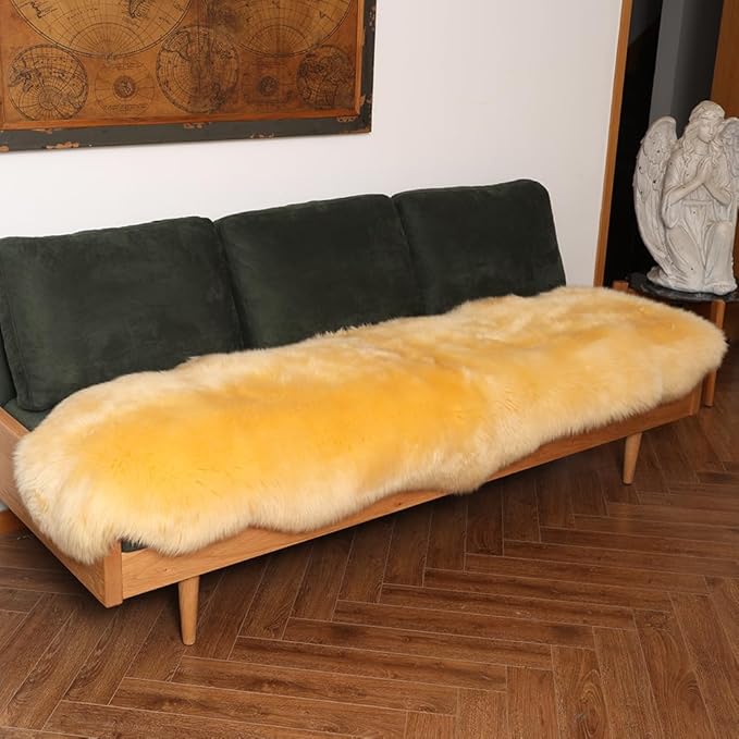 LLB Genuine Sheepskin Area Rug Wool Rug Fur Carpet Fluffy Shaggy Fur Rug for Living Room Kids Bedroom Real Sheepskin Throw Lambskin Rugs Sofa Mat Chair Seat Covers (Yellow, 2 x 6 ft Sheepskin)