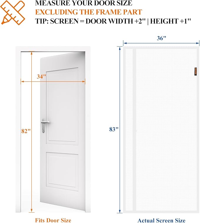MAGZO Magnetic Screen Door, Fits 34'' x 82'' Door(Mesh Size 36'' x 83''), Left Right Side Opening, Scratch-Proof Polyester, Pet&Kids Friendly, Keep Annoying Creatures Out, with Keep Open Straps, White