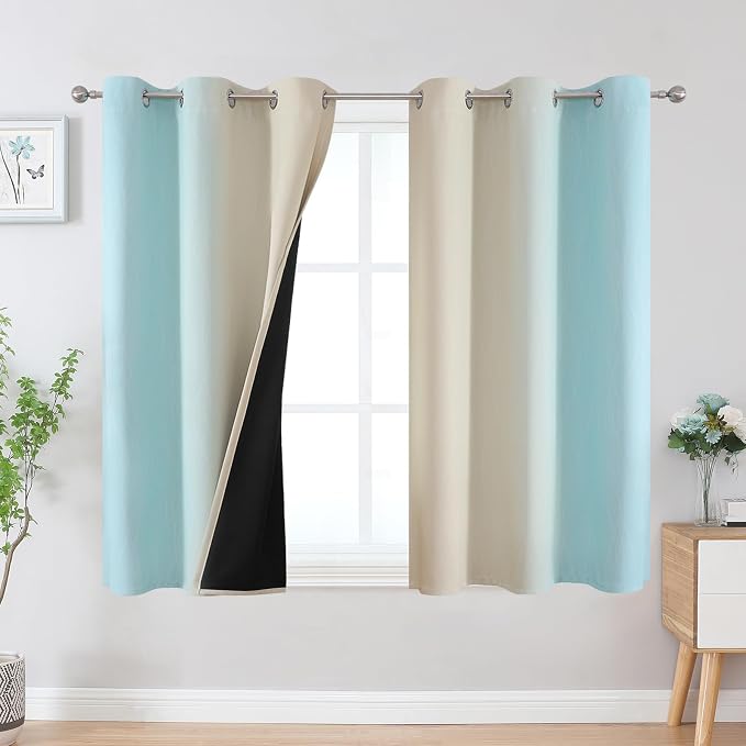 Estelar Textiler Beige and Aqua Ombre Blackout Curtains 54 Inch Length 2 Panels, Full Room Darkening Gradient Drapes, Thermal Insulated Grommet Short Curtains for Bedroom, 42Wx54L