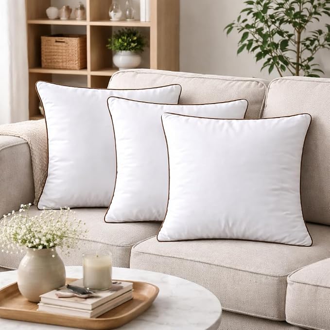 18 x 18 Inch Throw Pillow Inserts Set of 6 – Square White Cushion Forms with Brown Piping, 500g Filled for Decorative Pillow Covers