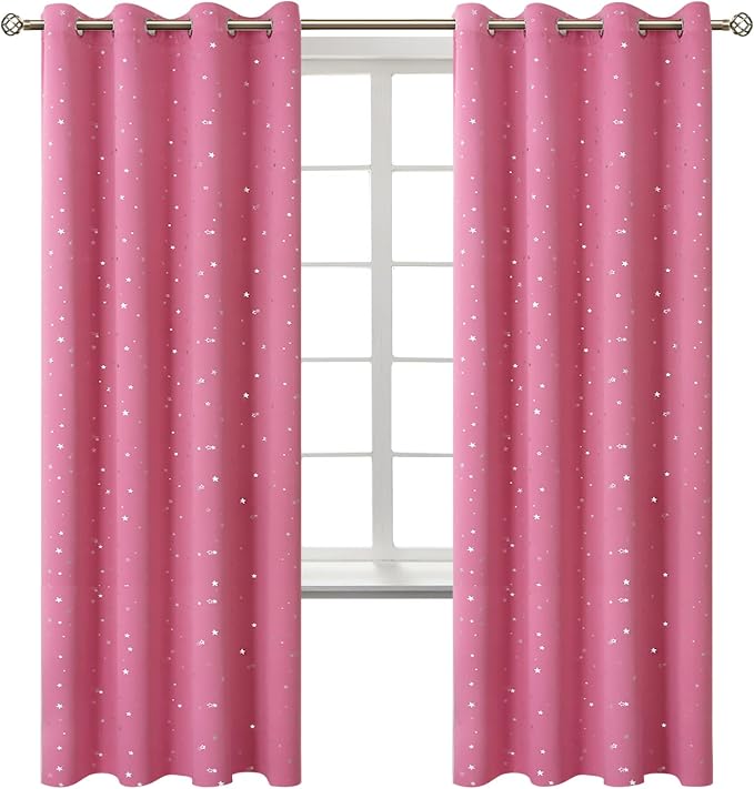 BGment Pink Star Blackout Curtains for Kid's Bedroom - Grommet Thermal Insulated Room Darkening Printed Curtains for Living Room, Set of 2 Panels, 52 x 72 Inch