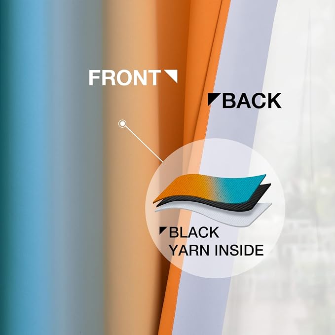 Yakamok Orange and Blue Blackout Curtains, Ombre Full Room Darkening Window Curtains for Living Room,Grommet Thermal Insulated Drapes,Light Blocking Curtains for Girls Bedroom,52x54 Inch, 2 Panels