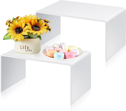 RattanView 2 Pcs 13 Inch Large Acrylic Risers Display Stands 5 mm Thick Acrylic Shelf Riser Showcase for Collectibles Jewelry Cupcakes Food Figures Perfume Cabinet (White)