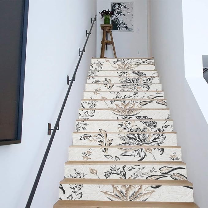 REDAMANCY Vintage White Grey Black Flower Paisley Peel and Stick Vinyl Stair Riser Decals Staircase Tile Stickers Decor Modern Marble Decoration Self-Adhesive(14 Pcs)